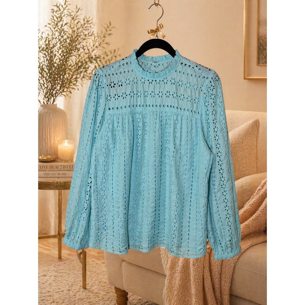 J.Crew Blue Eyelet Lace Top M Long Sleeve Tie Neck Cotton Pullover NWT Romantic